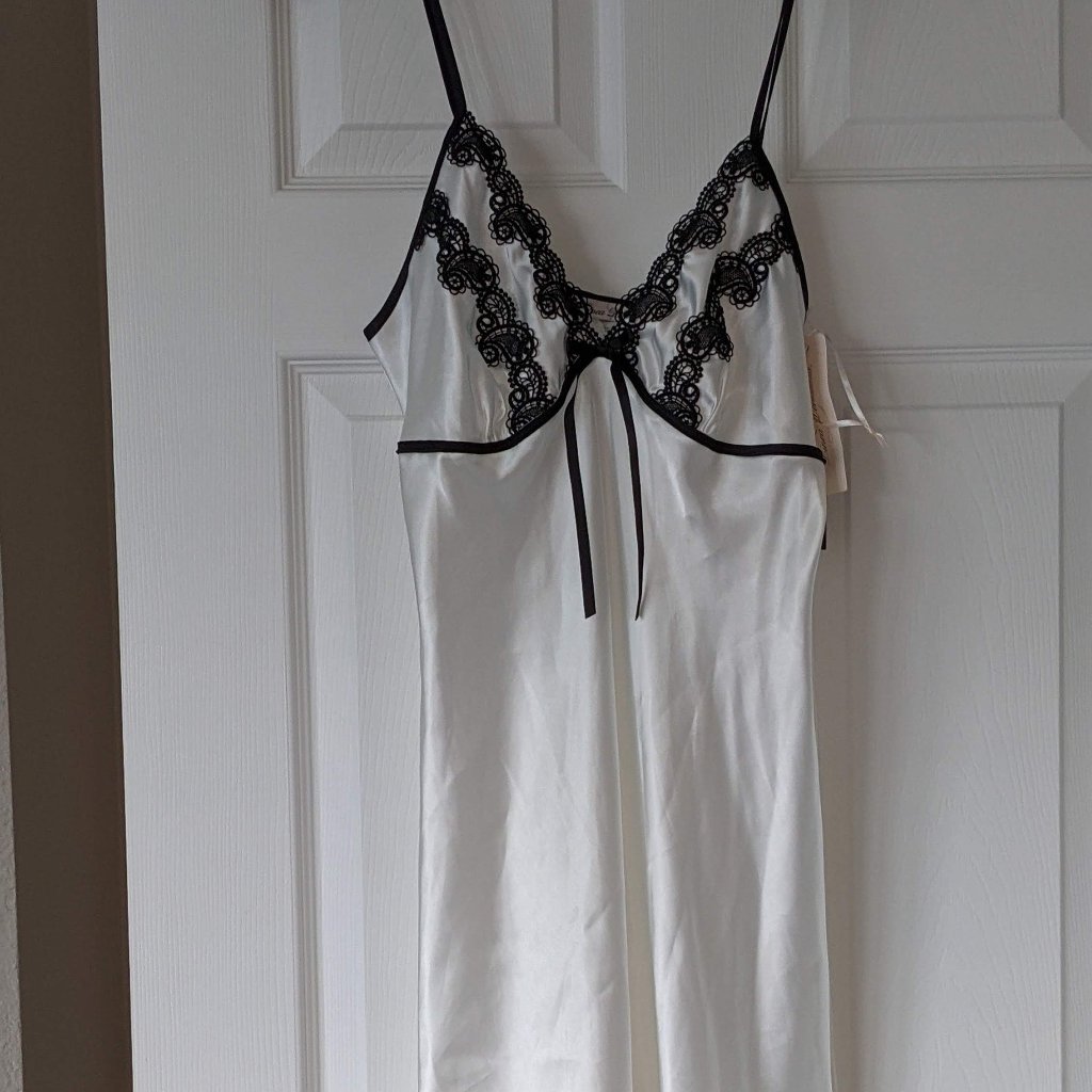 Linea Donatella White With Black Trim Satin Chemise Slip Nightie W/Ruffled Hem